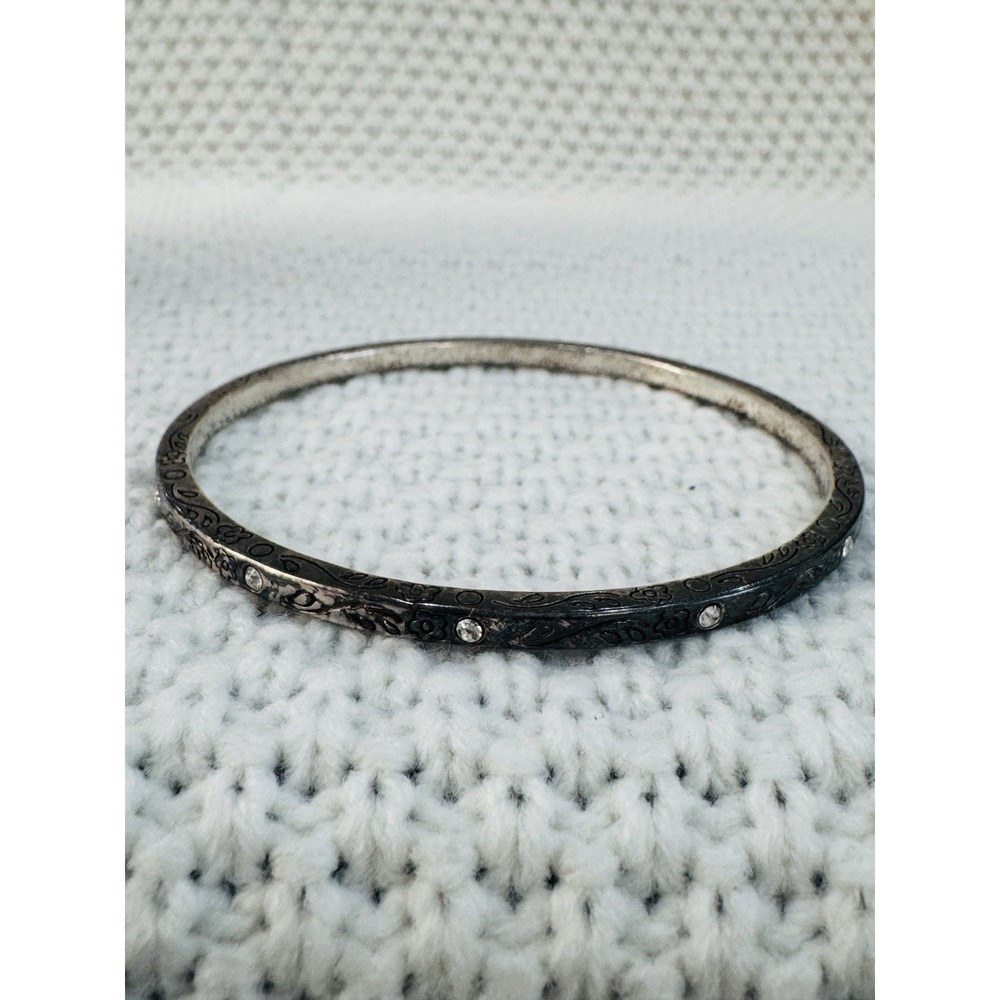 Vintage Silver Tone Floral Engraved Rhinestone Bangle Bracelet 8"